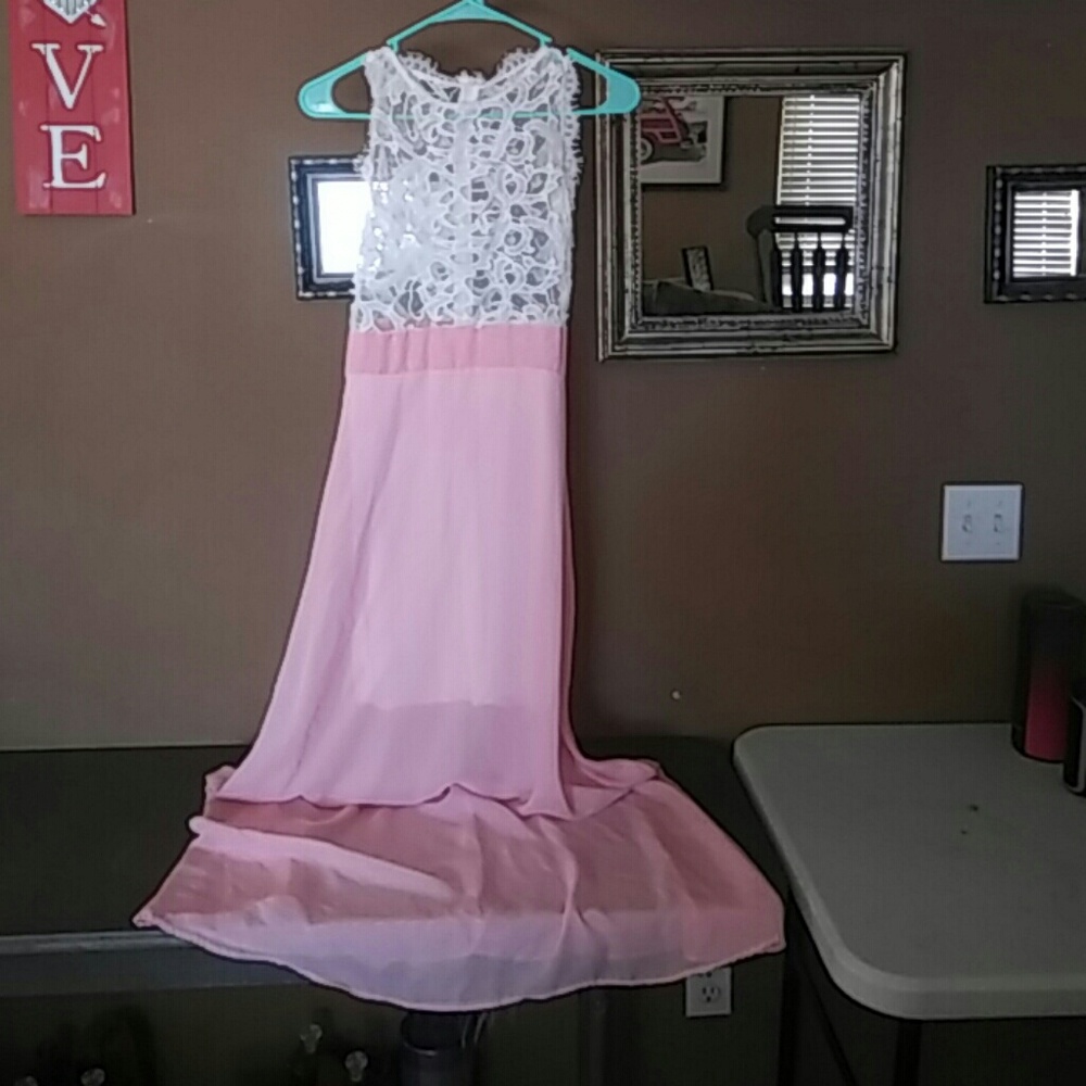 Pink sheer and white lace dress